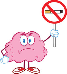 Angry Brain Cartoon Character Holding up A No Smoking Sign