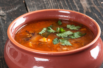 bean soup and parsley on the table