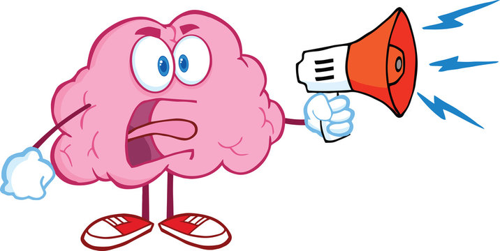 Angry Brain Cartoon Character Screaming Into Megaphone
