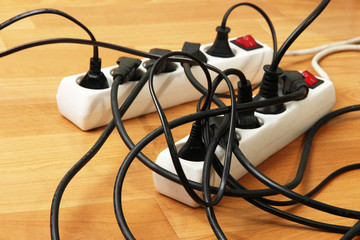 Overloaded power boards, close up