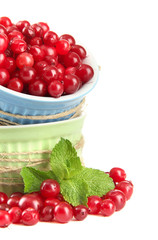 Ripe red cranberries in bowls, isolated on white.