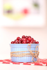 Ripe red cranberries in bowl on table