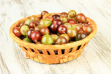 Fresh gooseberries in wicker basket on table close-up