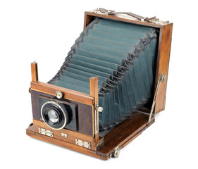 Vintage large format camera isolated on white. - obrazy, fototapety, plakaty