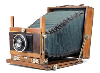 Vintage large format camera isolated on white. - obrazy, fototapety, plakaty