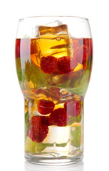 Iced tea with raspberries and mint isolated on white