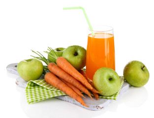Glass of juice, apples and carrots, isolated on white