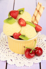 Delicious  ice cream with fruits and berries in bowl