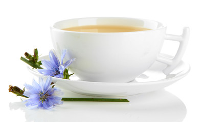 Cup of tea with chicory, isolated on white