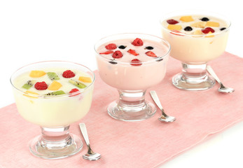 Delicious yogurt with fruit isolated on white