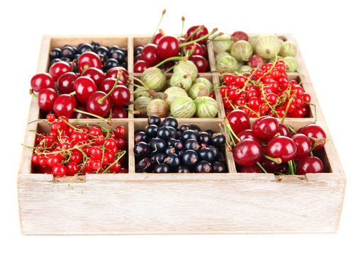 Different summer berries in wooden crate isolated on white