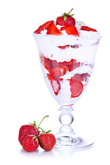 Natural yogurt with fresh strawberries isolated on white