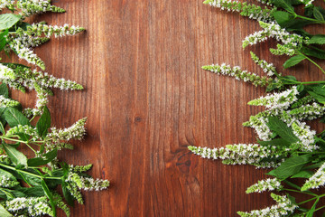 Fresh mint flowers on wooden background
