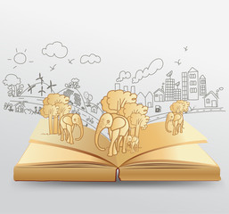 Vector open book with creative drawing elephant idea concept