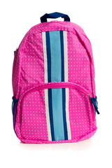 Pink polka dotted backpack on white