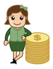 Woman Standinng with Coins - Money Concept - Vector Illustration