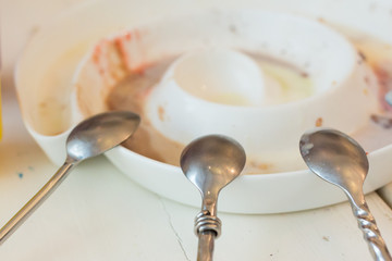 Empty dirty plate at the end of a break meal with spoon