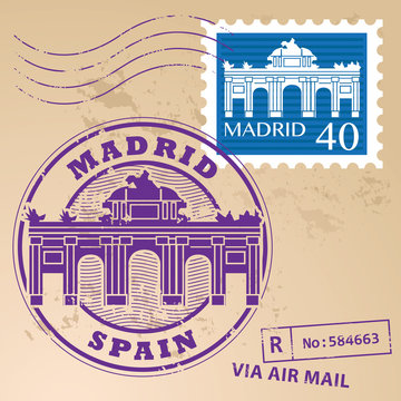 Stamp set with words Madrid, Spain inside, vector illustration