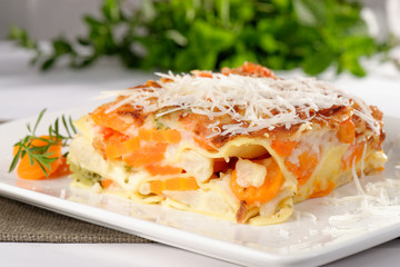 Vegetarian lasagna with eggplant, courgette, sweet potatoes