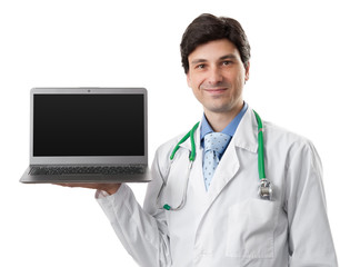 doctor holding a laptop with blank screen