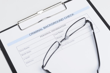 Criminal background check document. Close-up of criminal backgro