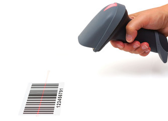 woman hold scanner and scans barcode with laser