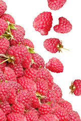 Falling raspberries isolated on a white background.