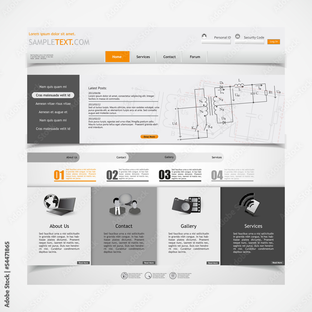 Sticker website design template with electronics schematic illsutration