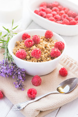 Fresh granola breakfast with raspberries and honey