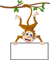 Fototapeta premium funny monkey cartoon holding blank sign for you design