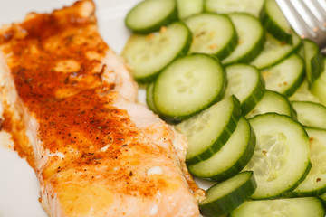 Sliced Cucumbers with Baked Salmon