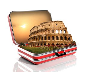 The Colosseum of Rome in a travel suitcase