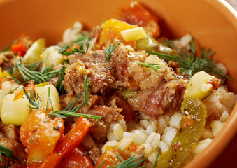 boiled pearl barley with meat and vegetable