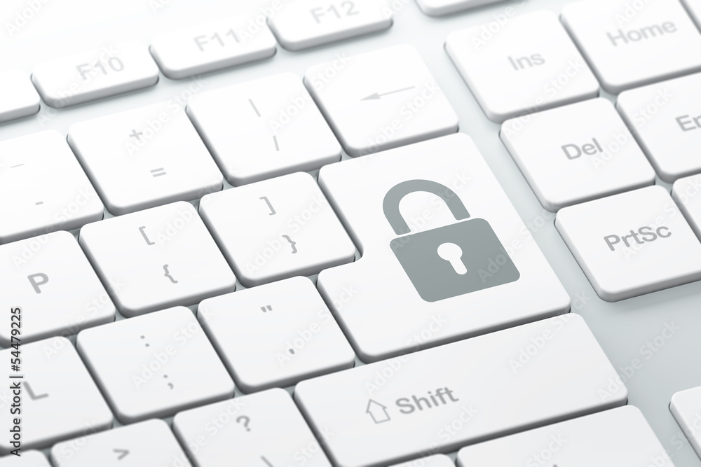 Poster safety concept: closed padlock on computer keyboard background