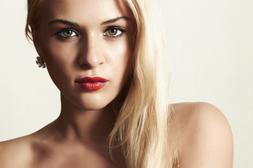 beautiful blond woman with red lips