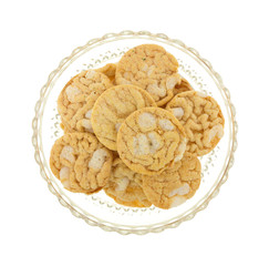 Bowl of soy chips on a white background