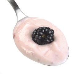 Spoon of yogurt with blackberry