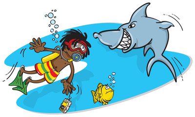Scuba Diver and Shark Cartoon Illustration