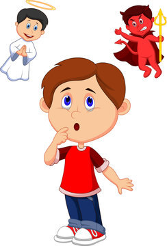 Cartoon boy confuse on choice between good and evil