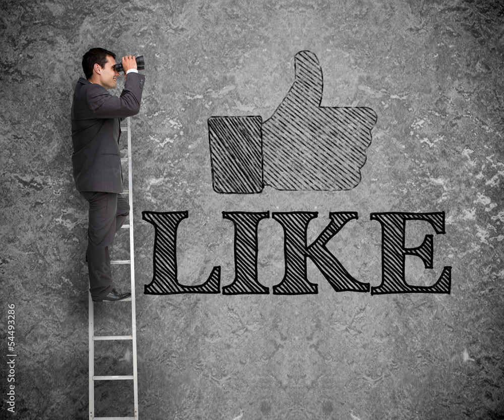 Poster businessman on a ladder with a thumb up on the background