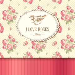 Vintage card with roses and a titmouse