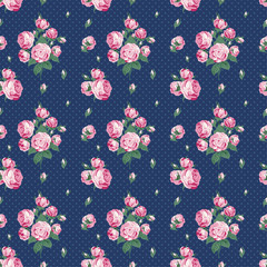 Dark blue seamless pattern in peas with roses
