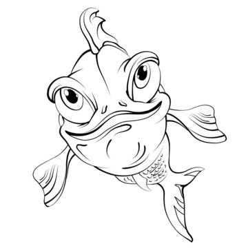 Cartoon fish smiling. Drawing style black on white.