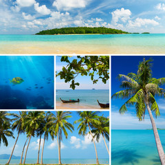 Beautiful collage of tropical images, beach, palm trees, island