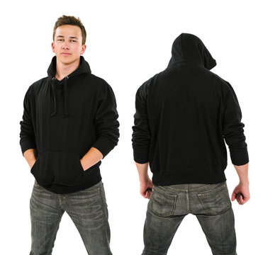 Male with blank black hoodie