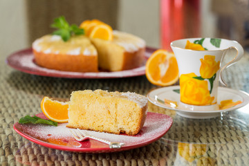 Slice of freshly cooked orange cake