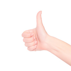 Woman hand on white background 