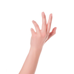 Woman hand on white background 