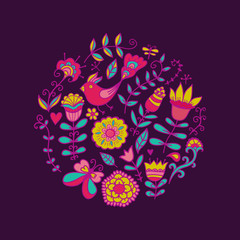 Vector illustration of circle made of flowers and birds. Round s