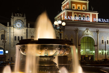 A beautiful fountain with lights at square